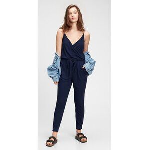 Gap Womens Navy Blue Ribbed Jumpsuit With Adjustable Waist Tie & Spaghetti Strap